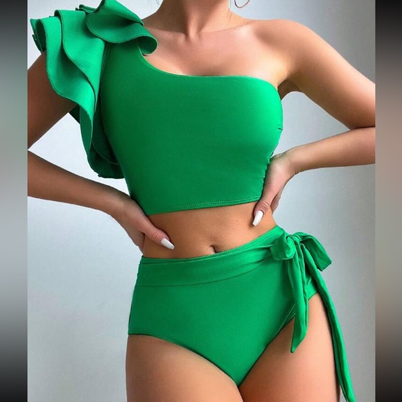 Black Swimsuit Swear wear Ruffle Trim One Shoulder Top High Waist Bottom - Picture 10 of 15